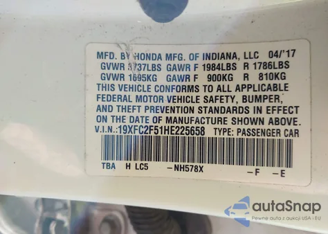 2017 Honda Civic Lx z USA, uszkodzony, nr VIN 19XFC2F51HE225658